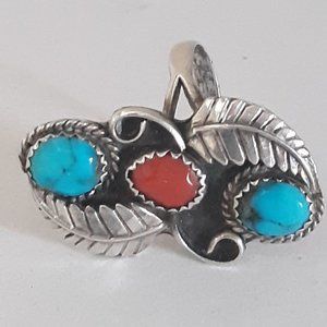 south western hand made turquoise and coral ring 7